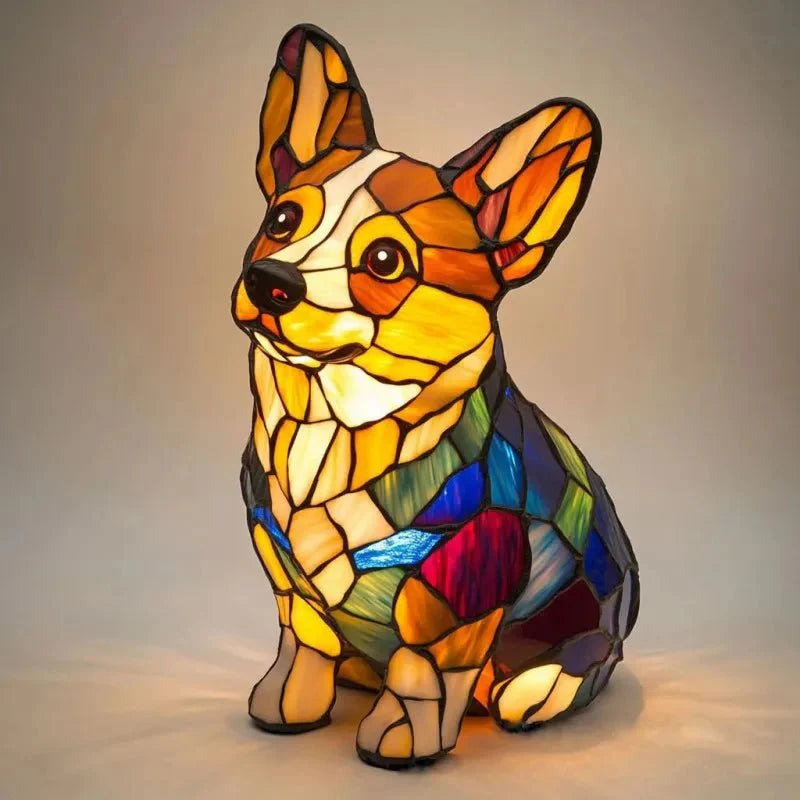 Vitrino | Handgefertigte Tischlampe im Tiffany-Stil mit Corgi-Motiv 🐾✨