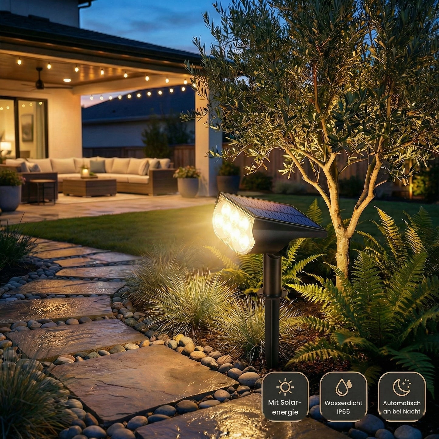 Solentra | Stilvolle, wasserdichte Solar-Gartenlampe