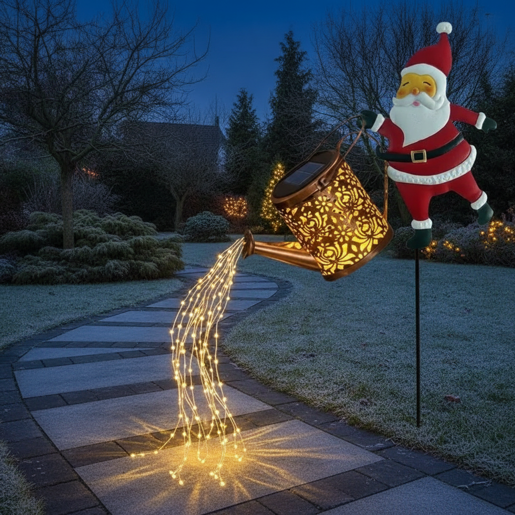 Cascada Solar-Weihnachtsmann mit warmweißem Lichtwasserfall am Gartenweg