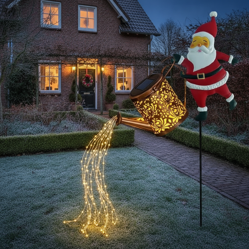Cascada Solar-Weihnachtsmann mit warmweißem Lichtwasserfall im Vorgarten