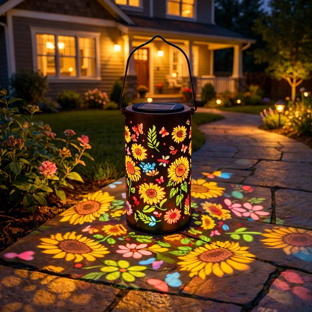 Solblume | Solar-Gartenlaterne mit farbenfrohem Sonnenblumenmotiv