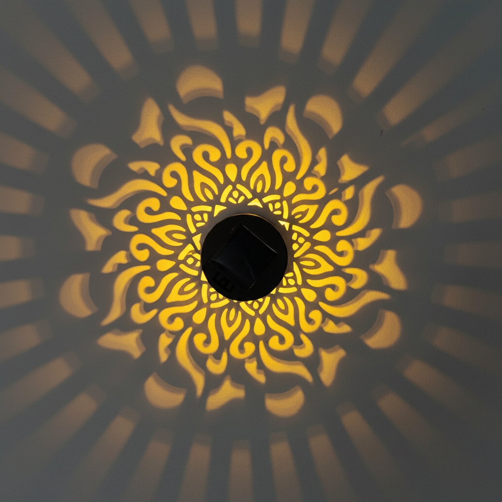 Solana Solar Mandala Projektionslampe mit goldenem Lichtmuster an der Wand