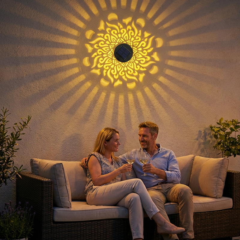 Solana Solarlampe an der Wand mit stimmungsvollem Mandala-Muster im Garten